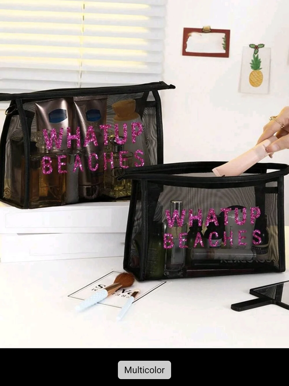 Black Mesh Tote Bag with Pink 'WHATUP BEACHES' Text